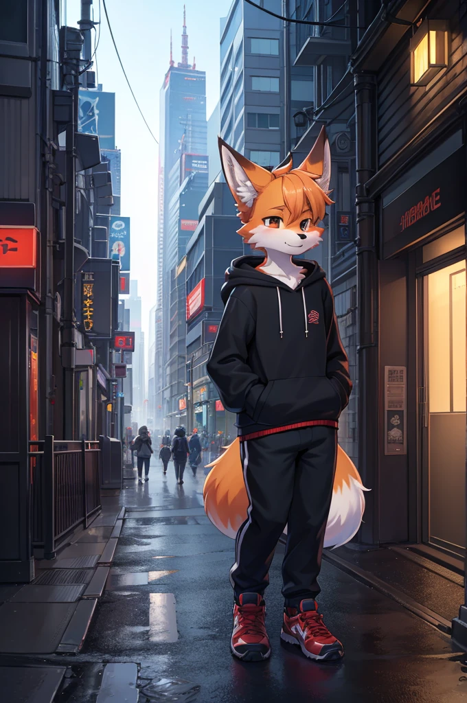 Furry,Fox,boy,8k resolution,最high resolution, high resolution,Landscape of a big city,Street style clothing, hoodie,Cityscape with skyscrapers!Tokyo?