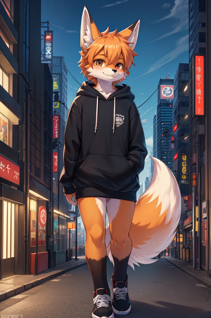 Furry,Fox,boy,8k resolution,最high resolution, high resolution,Landscape of a big city,Street style clothing, hoodie,Cityscape with skyscrapers!Tokyo?