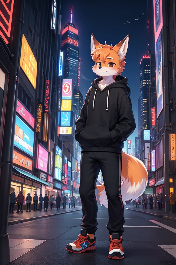 Furry,Fox,boy,8k resolution,最high resolution,                   high resolution,Landscape of a big city,Street style clothing, hoodie,Cityscape with skyscrapers！Tokyo？