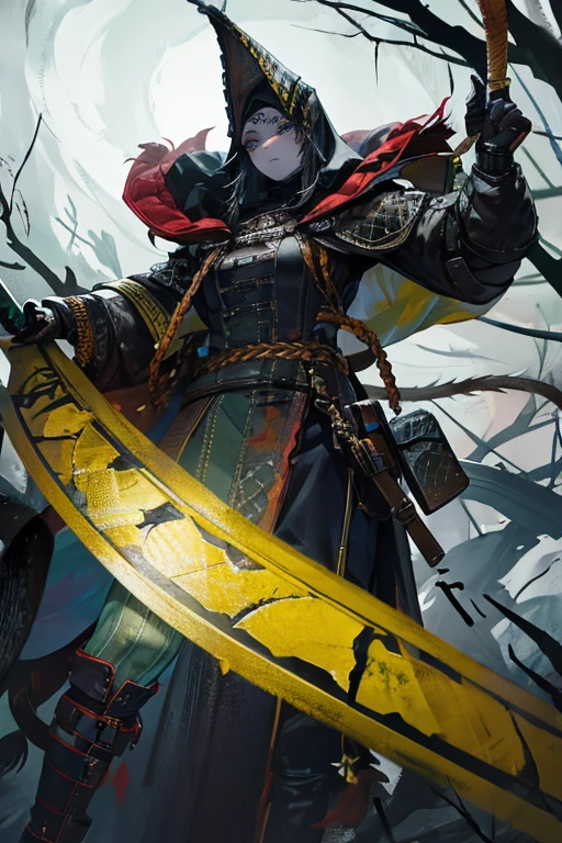 "The Last Anaconda Amazon" Beautiful woman, cold face, no horns, have an anaconda tail, scary tail, have a thousand arms, an ancient witch, wear a full-mask cover face, holding sharply weapon and shield, wear an old-fashioned hood, wear a clothes from Arknights, Bloodborne theme, Arknights theme, dark fantasy, scary theme, green forest, monstrous pet, bloody background, supervillain, evil movement, mercilessly squads.