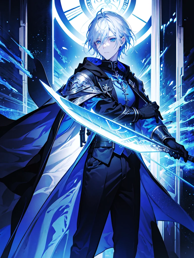Wizard a young man, he has a silver hair and blue eyes, he wear a hood and wear gloves , hold sword with hand.
