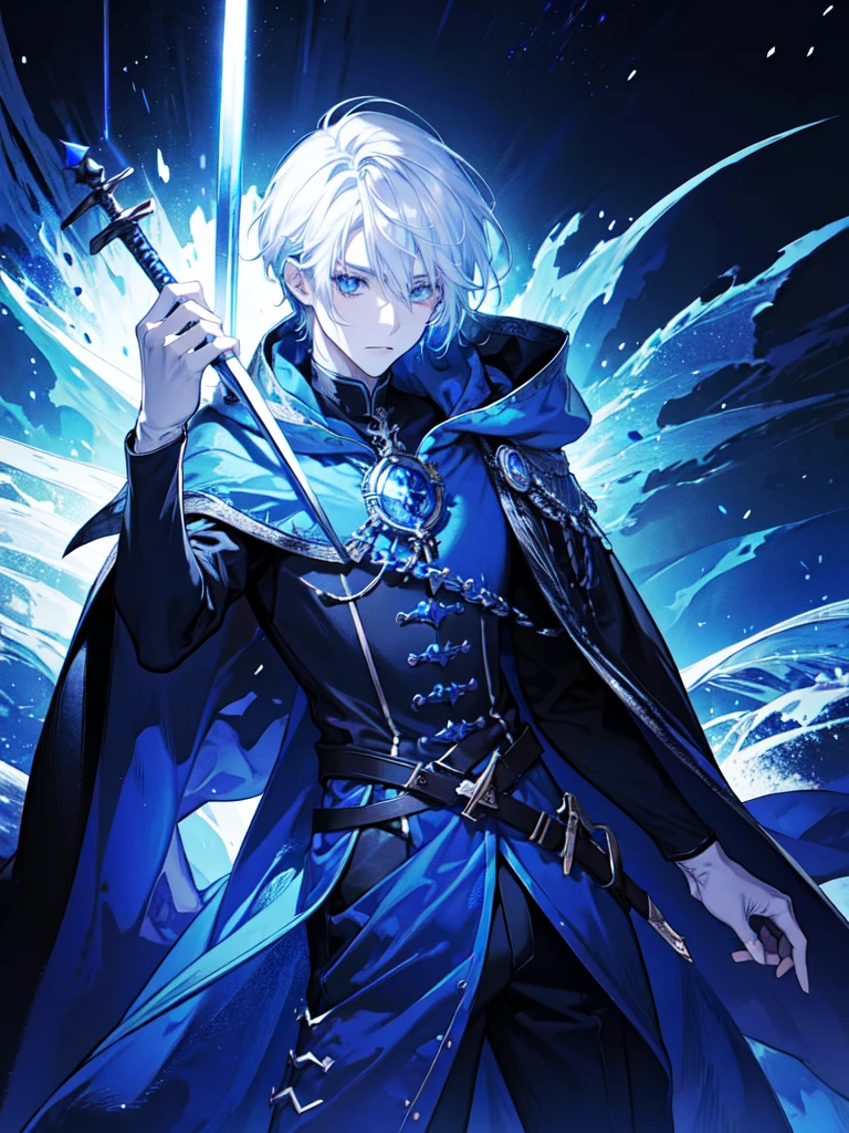 Wizard a young man, he has a silver hair and blue eyes, he wear a hood and wear gloves , hold sword with hand.
