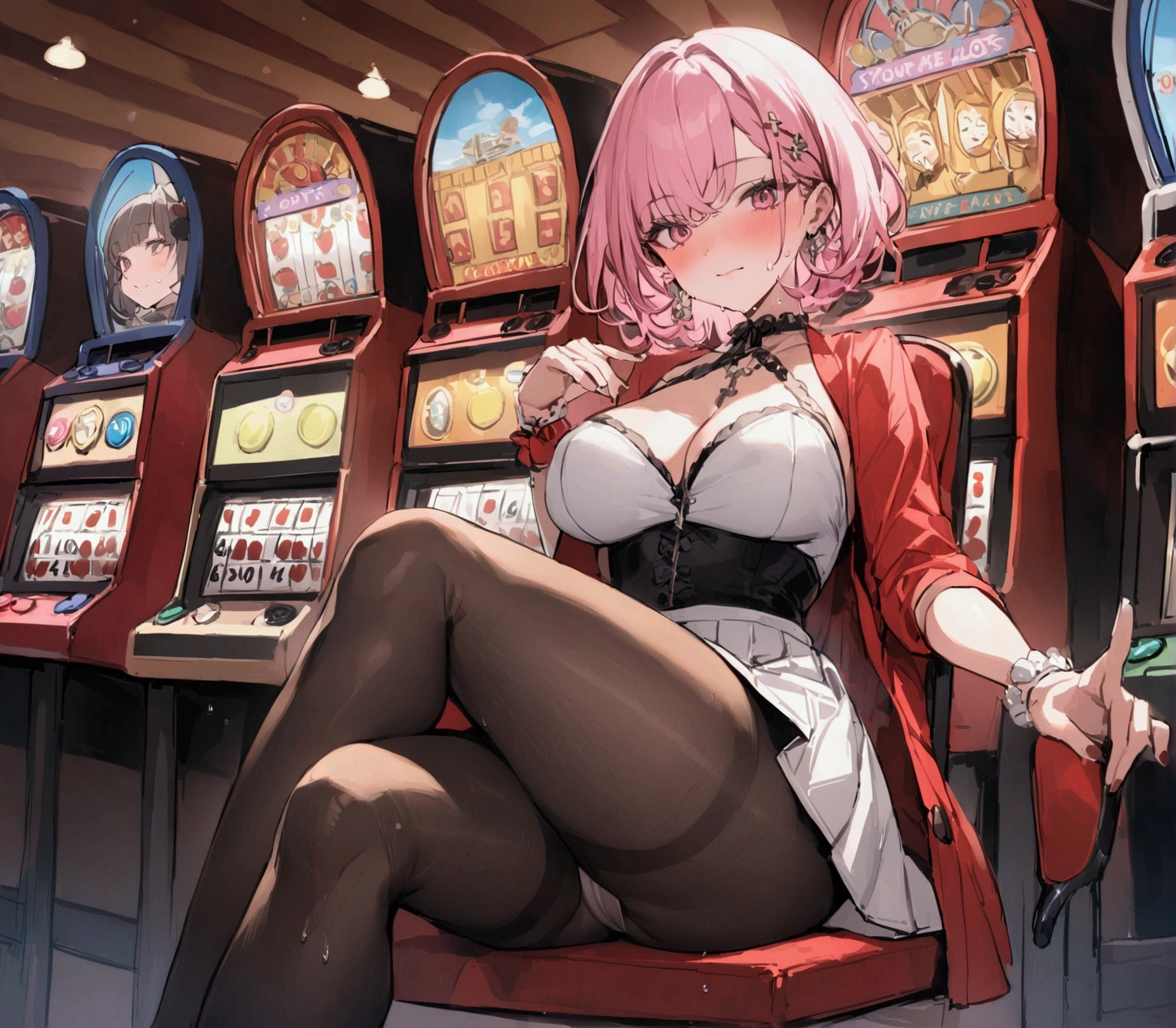 Three Women、Pachinko parlor、Playing slots、Sit on a chair、Place your hand on the slot lever、Play slots、Facing the slots、Hit the lever、Facing the slot machine、Large crowd、beautiful girl, Highest quality, Black Pantyhose、Short tight skirt、panties under pantyhose、Thick thighs、Big 、Big Ass、Short Hair、Sweaty body、Sweaty crotch、Orgasmic face、Dirty sound effects、Ecstasy in a flashy way、目の前にLarge crowd、A ton of slot machines、Slot King Pulsar Sitting Cross Legged