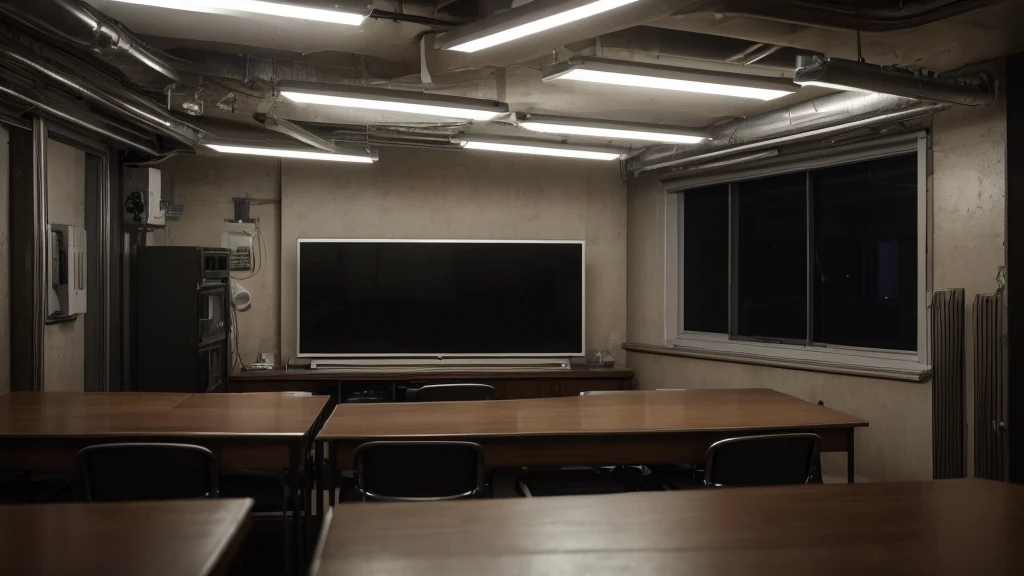 ((Highest quality)), ((masterpiece)), (detailed)　A small, dark room with no lights　The only light is from the TV　A large number of cathode ray tubes piled up　Composition looking up from below　There are no desks or chairs.