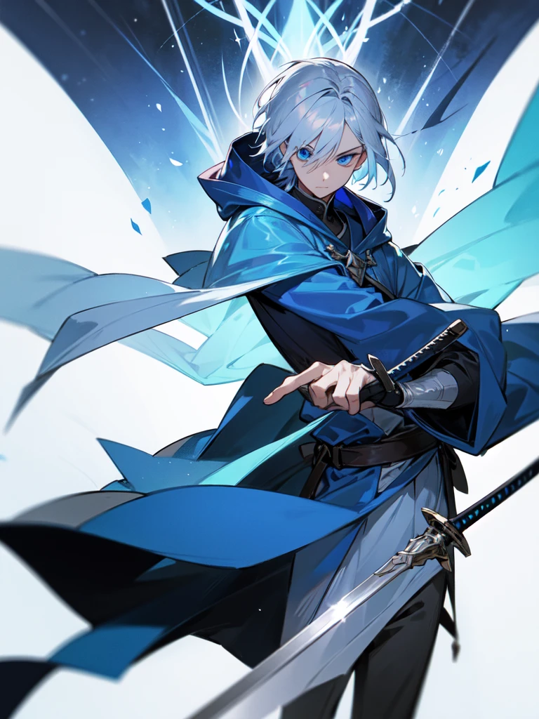 Wizard a young man, he has a silver hair and blue eyes, he wear a hood and wear gloves , hold sword with hand.

