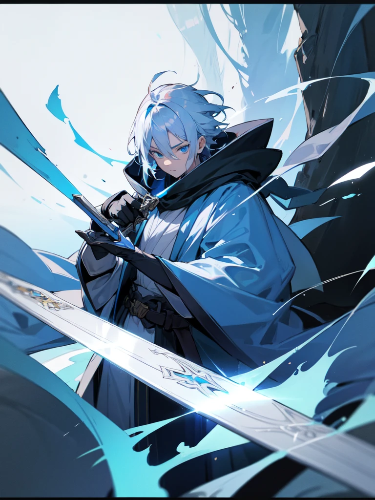 Wizard a young man, he has a silver hair and blue eyes, he wear a hood and wear gloves , hold sword with hand.
