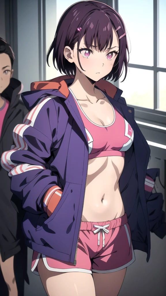 (masterpiece, best quality), intricate details, shizukazom100, 1girl, short hair, dark purple hair, bangs, hair ornament, hairclip, pink eyes, white pupils, medium breasts, collarbone, blue jacket, sports bra, navel, midriff, pink shorts, dynamic pose, 