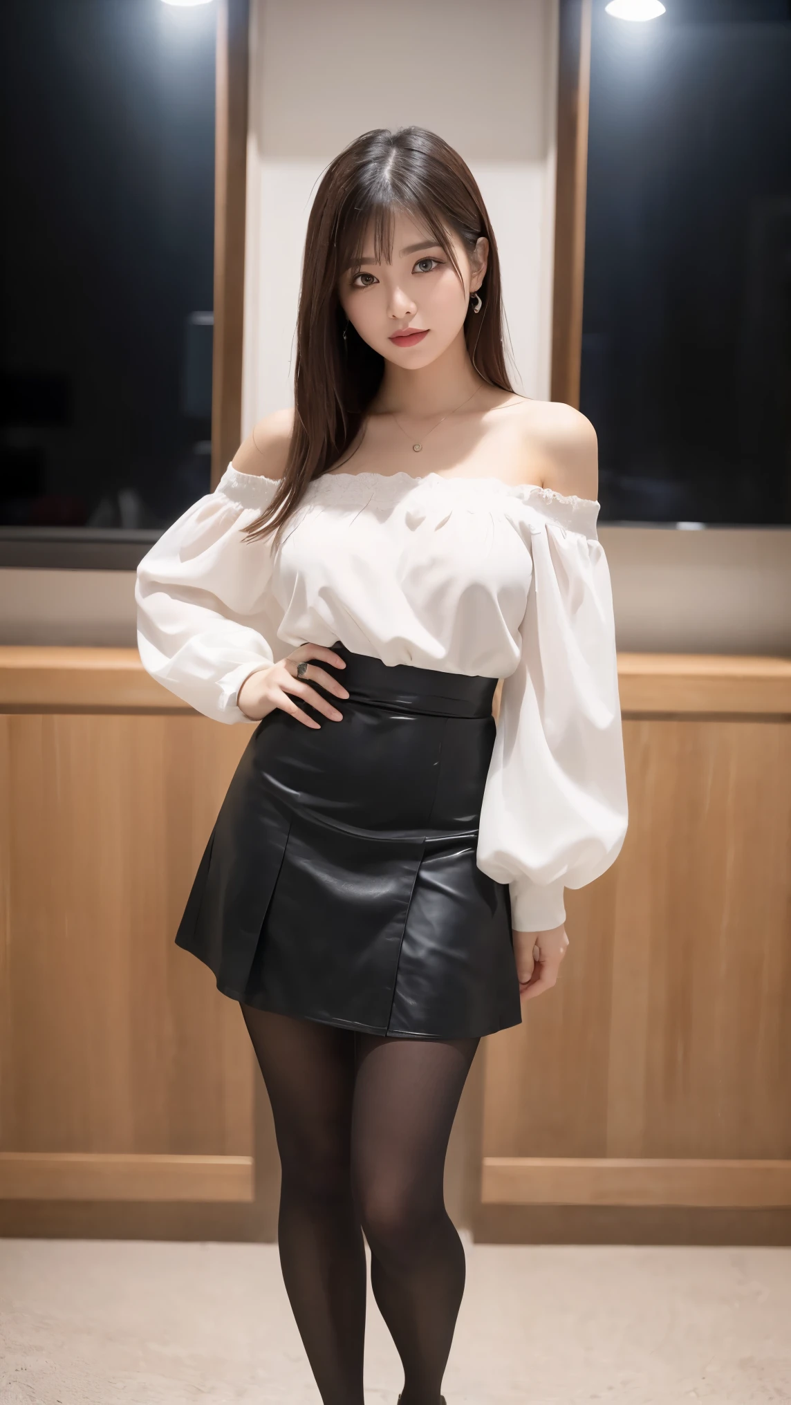 (((8k、High resolution、Highest quality、High resolution)))alone、Natural body shape、White skin、Landmine Makeup、((Black Hair、bangs、Straight Long Hair))、(((Gothic)))、、(:1.4)、(())、(((((Full body photo)))))、(((Looking into the camera)))、(((Wear a white off-the-shoulder blouse on your upper body)))、Bedroom、(((Eyeshadow))) 、(())、(())、((Black lace boa skirt、mini skirt、Ultra-realistic pantyhose))、、、、((Exposing thighs))