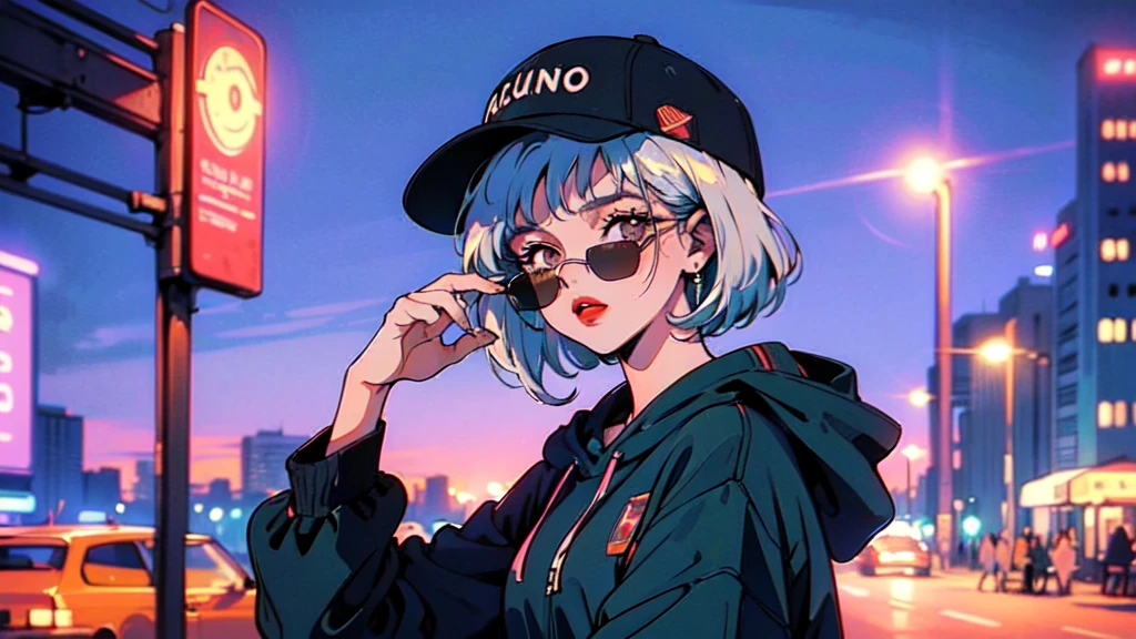 (80's, Retro, City Pop:1.5), (masterpiece, Highest quality, Exquisite detail), (anime, figure), girl, alone, cool, Wearing sunglasses, short hair,Cityscape, City of night, Street fashion, Wearing a hoodie, Wearing a black baseball cap