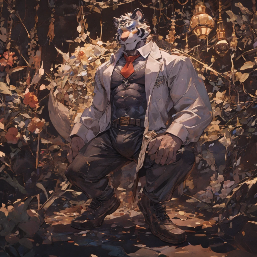 {{bara extremely handsome white tiger,}} {{white fur,}} white, wearing elegant ornate suit jacket, trousers, white dress shirt and necktie, white fluffy furry body and limbs, loafers, very tall, very broad shoulders, narrow waist, muscular arms, massive pecs, purple eyes, very long legs, massive bulge, sophisticated hot look, 3/4 view, best quality, high detail, CG image, character splash art, silver earring on left ear, sultry smirk