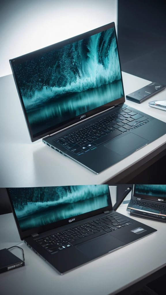 a highly detailed laptop with acer logo,photorealistic,3d render,industrial design,metallic texture,reflections,studio lighting,sharp focus,ultra-detailed,8k,realistic,8k,hyperrealistic,professional 3d modeling
