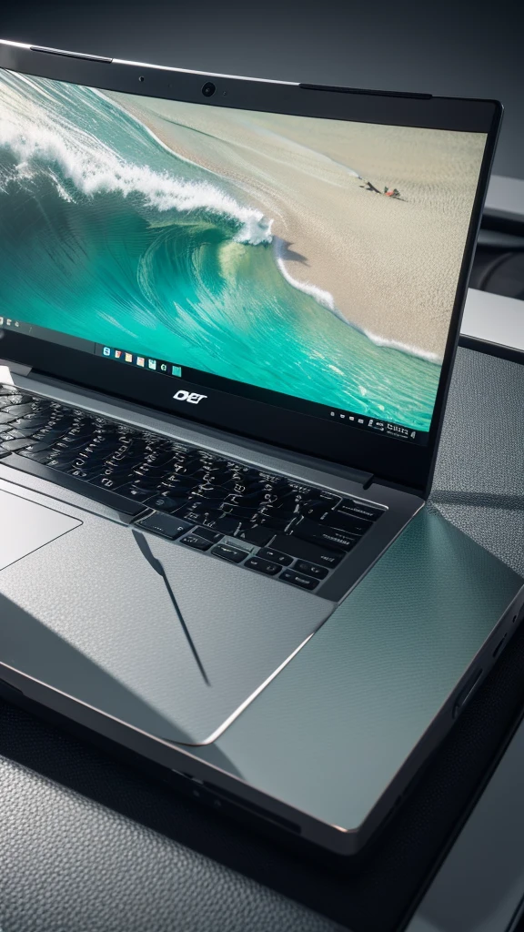 a highly detailed laptop with acer logo,photorealistic,3d render,industrial design,metallic texture,reflections,studio lighting,sharp focus,ultra-detailed,8k,realistic,8k,hyperrealistic,professional 3d modeling