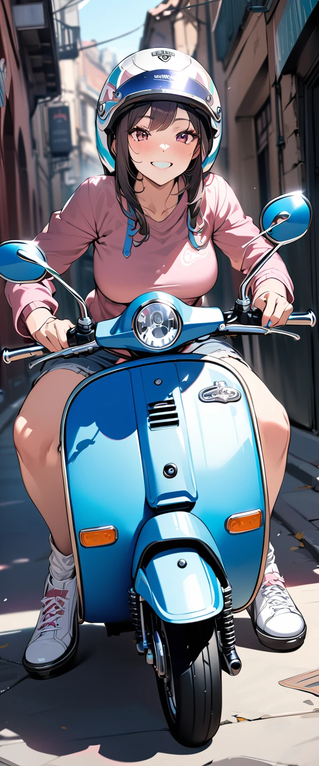 (masterpiece),(Highest quality:1.2),(Super detailed),(High resolution),(Highest quality),An illustration,8k,wallpaper,One female,Woman galloping on a Vespa,(smile),A stylish helmet,Stylish clothing,Detailed motorcycle drawing