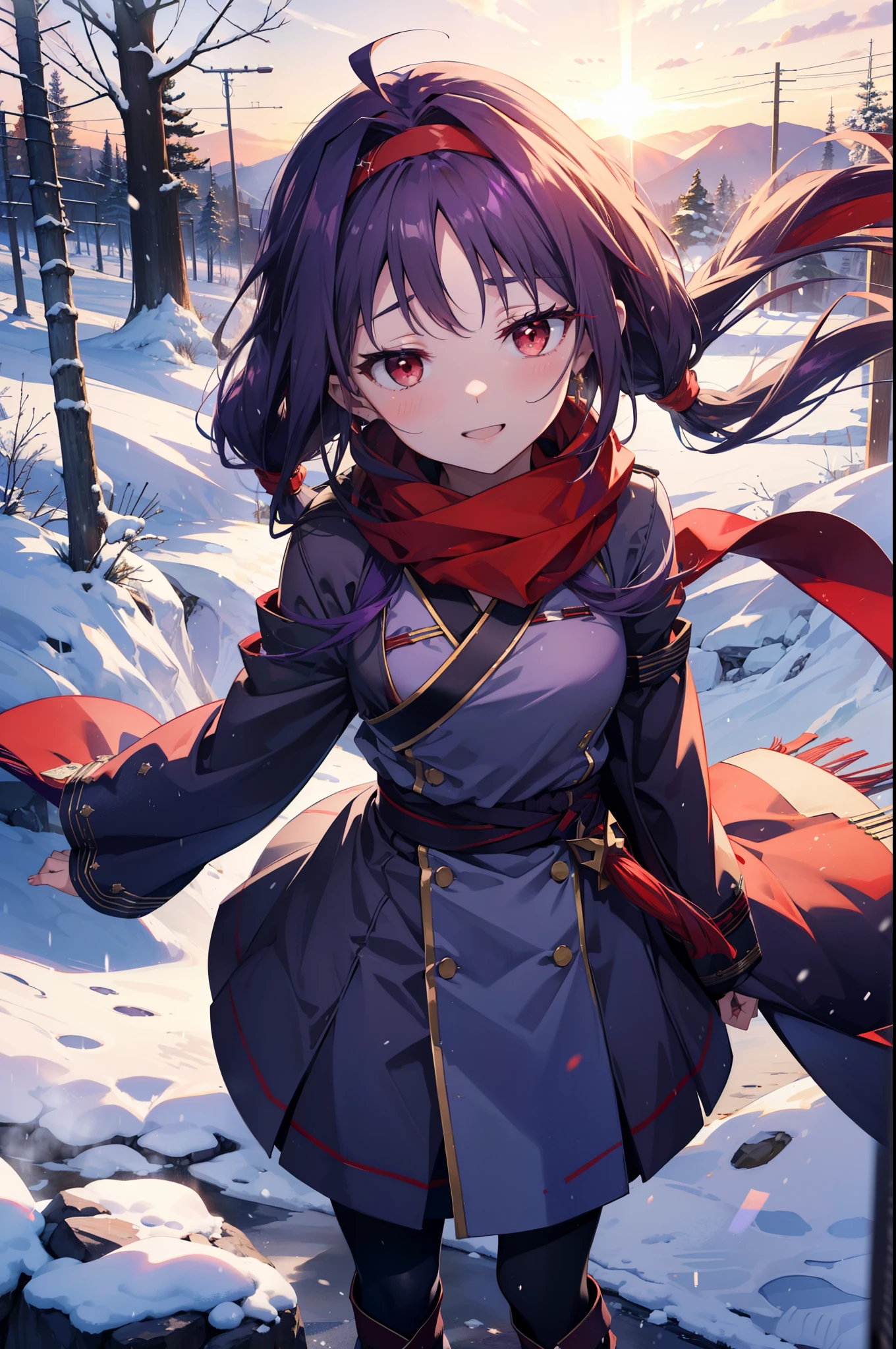 yuukikonno, Konno Yuuki, Long Hair, Pointed Ears, Purple Hair, (Red eyes:1.5), (Small breasts:1.2), Open your mouth,happy smile, smile, Open your mouth,hair band,low Twin tails red scarf,Purple long coat,V-neck sweater,Long skirt,short boots,snowが降っている,snowが降り積もっている,snow,snow,snow,snow,winter,Cold night,Walking,whole bodyがイラストに入るように,Looking down from above,
break looking at viewer, whole body,
break outdoors, In town,
break (masterpiece:1.2), Highest quality, High resolution, unity 8k wallpaper, (figure:0.8), (Beautiful attention to detail:1.6), Highly detailed face, Perfect lighting, Highly detailed CG, (Perfect hands, Perfect Anatomy),