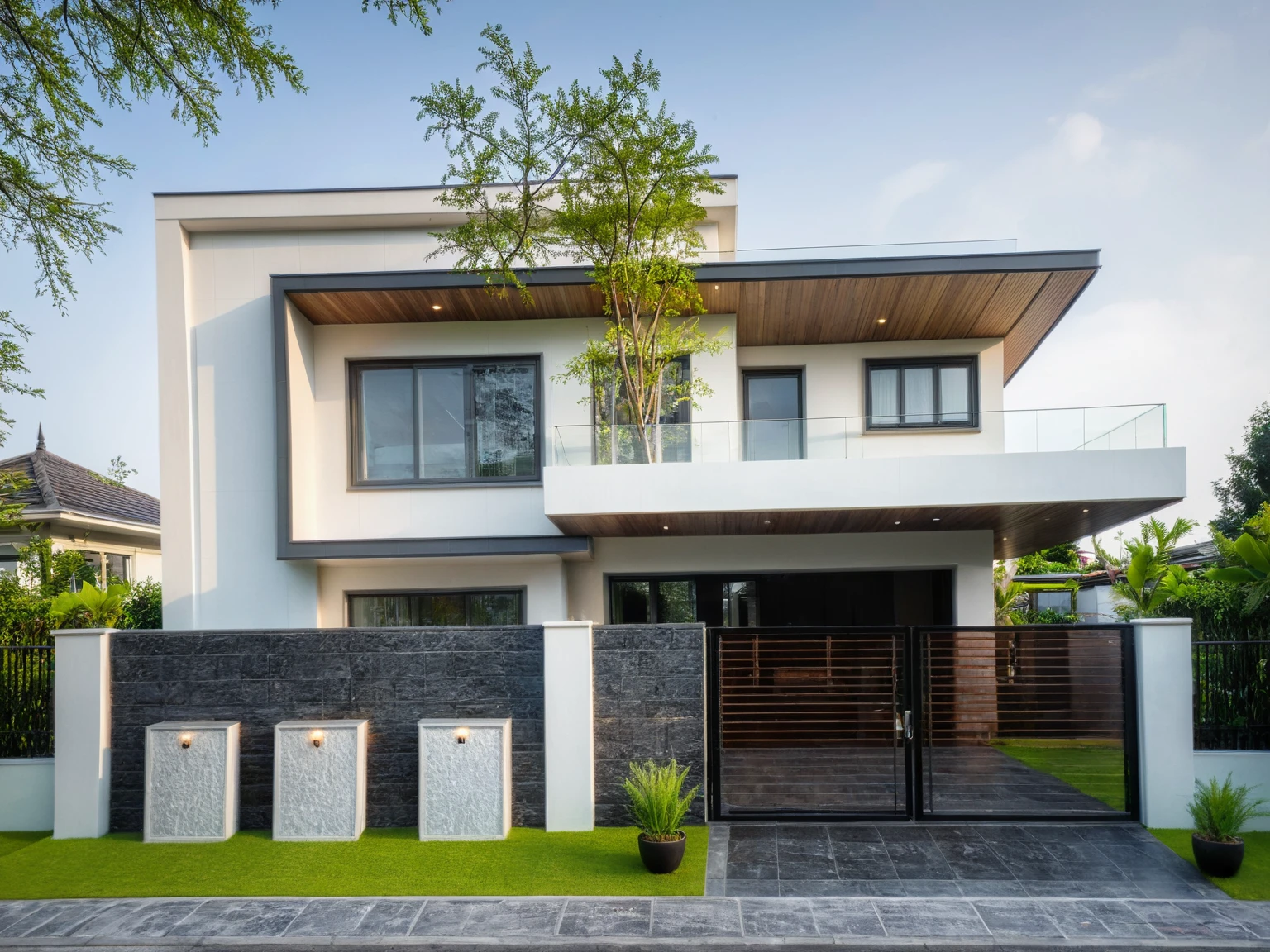 modern villa on street, (daylight), tropical tree, vivid colour, streetcapes, white tone, dark tiled granite wall, white wall, steel gate, large glass door, woodern ceiling, tray lighting, warm interior lighting, best quality,