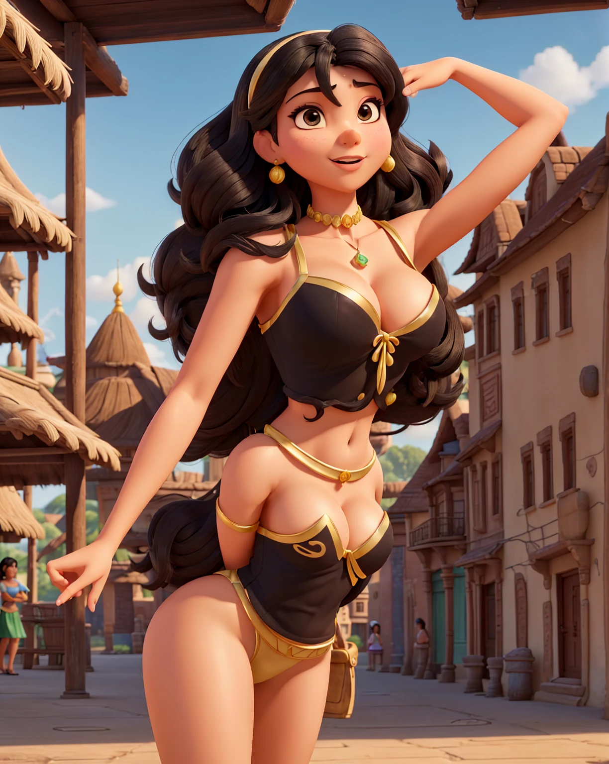 Cartoonized, Jasmine, Disney Princess, black hair, midriff top, solo, detailed, high quality, 4K, athletic figure, 34B breasts, sultry expression, exotic marketplace background with colorful fabrics, intricate architecture, and bustling crowds, warm colors, cleavage visible, nipples slightly visible, живой и правильный и симметричный взгляд