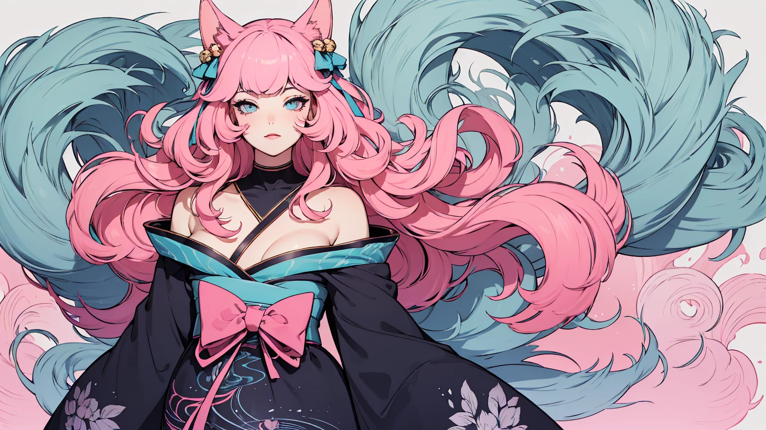 (masterpiece, best quality), beautiful woman, soft light, hakama, short skirt, (cleveage), wavy hair, asymmetrical bangs, perfect face, beautiful face, alluring, big gorgeous eyes, soft smile, perfect slim fit body, outdoors, standing, abstract background, bright colors, (risograph), medium breasts, solo, sexy