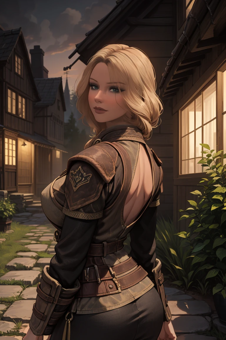 1 girl, masterpiece, 32 yo, femalebreton beauty sits outdoors in a rustic Skyrim village, surrounded by thatched roofs and lush greenery. The sun casts a warm glow on her porcelain skin as she gazes directly into the camera lens, her piercing green eyes sparkling with a hint of mischief. Her raven tresses cascade down her back like a waterfall, framing her heart-shaped face. A gentle smile plays on her lips, inviting the viewer to step into her whimsical world. blonde hair, fit body, (female front view, looking at the viewer:1.3)