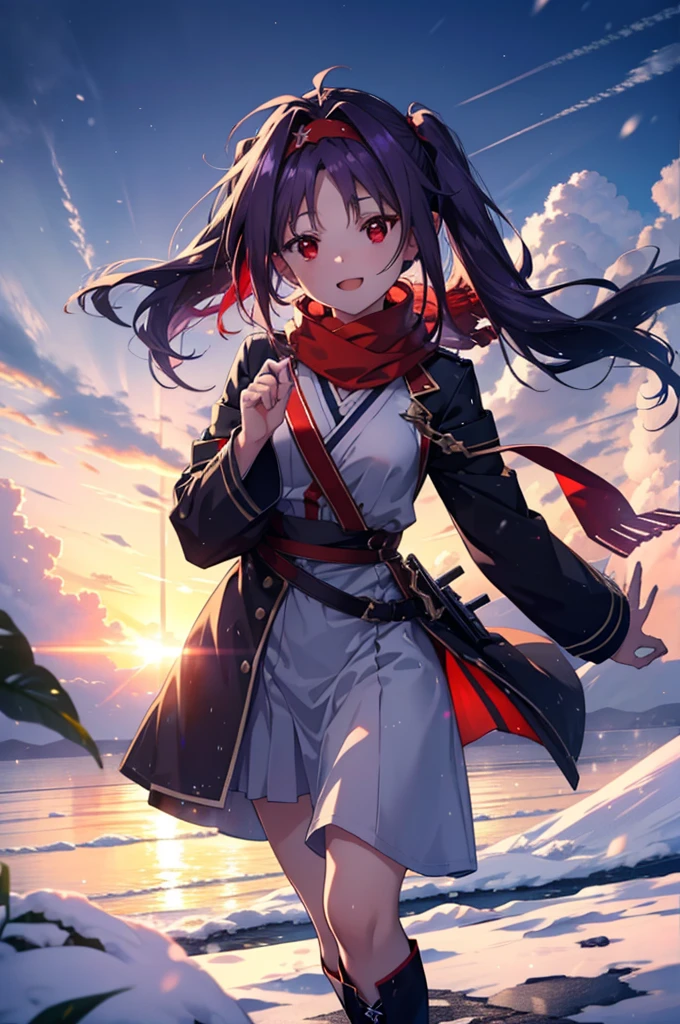 yuukikonno, Konno Yuuki, Long Hair, Pointed Ears, Purple Hair, (Red eyes:1.5), (Small breasts:1.2), Open your mouth,happy smile, smile, Open your mouth,hair band,low　Twin tails red scarf,Purple long coat,V-neck sweater,Long skirt,short boots,snowが降っている,snowが降り積もっている,snow,snow,snow,snow,winter,Cold night,Walking,whole bodyがイラストに入るように,Looking down from above,
break looking at viewer,  whole body,
break outdoors, In town,
break (masterpiece:1.2), Highest quality, High resolution, unity 8k wallpaper, (figure:0.8), (Beautiful attention to detail:1.6), Highly detailed face, Perfect lighting, Highly detailed CG, (Perfect hands, Perfect Anatomy),