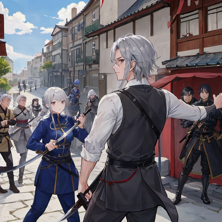 Middle-aged men、Gray Hair、Dressed as an adventurer、Holding a sword、Teaching residents the basics of defense and attack。A scene where the residents are being trained in the town square