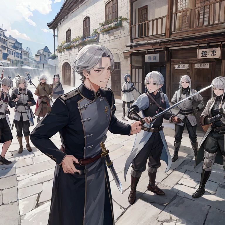Middle-aged men、Gray Hair、Dressed as an adventurer、Holding a sword、Teaching residents the basics of defense and attack。A scene where the residents are being trained in the town square