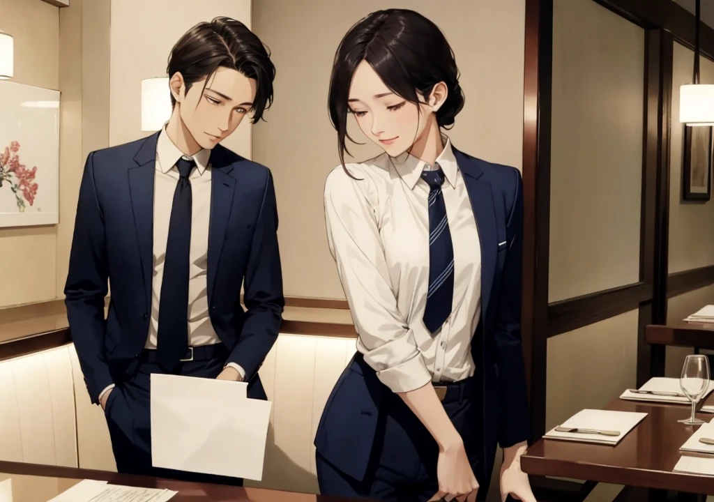 One woman、30 years old、Beauty、Pants style suit、Listening、restaurant。
One man、20-year-old、good looking、Light clothing、Are crying。
