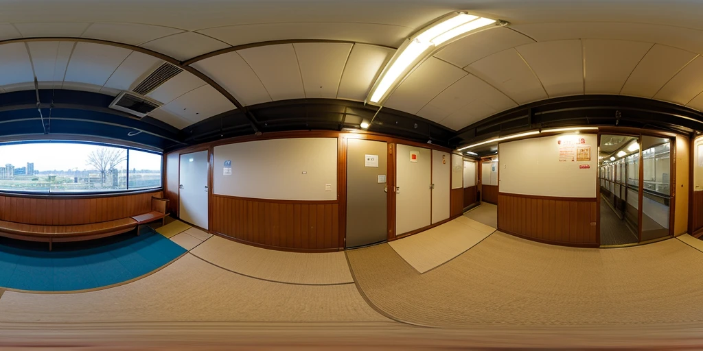 Equirectangular 360-degree panorama view photo with left and right ends seamlessly connected. japanese train, urban