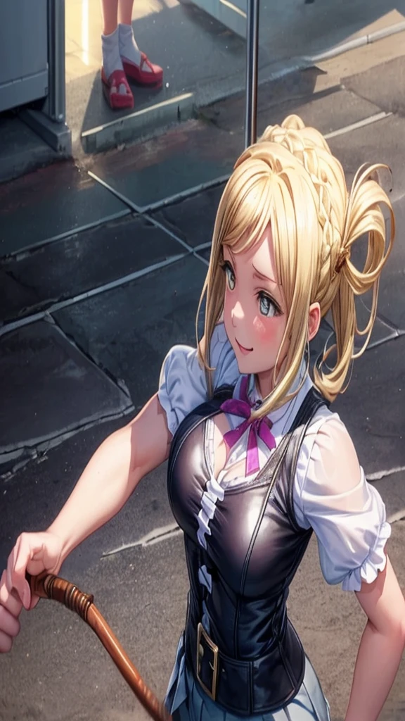 (((Pixel Perfect,Perfect in every detail))), Girl slaps guy，A girl around 15 years old,smile,,NSWF,lovely,Mari Ohara，Leather whip，whip，Swinging a long, thick rope，cinematic