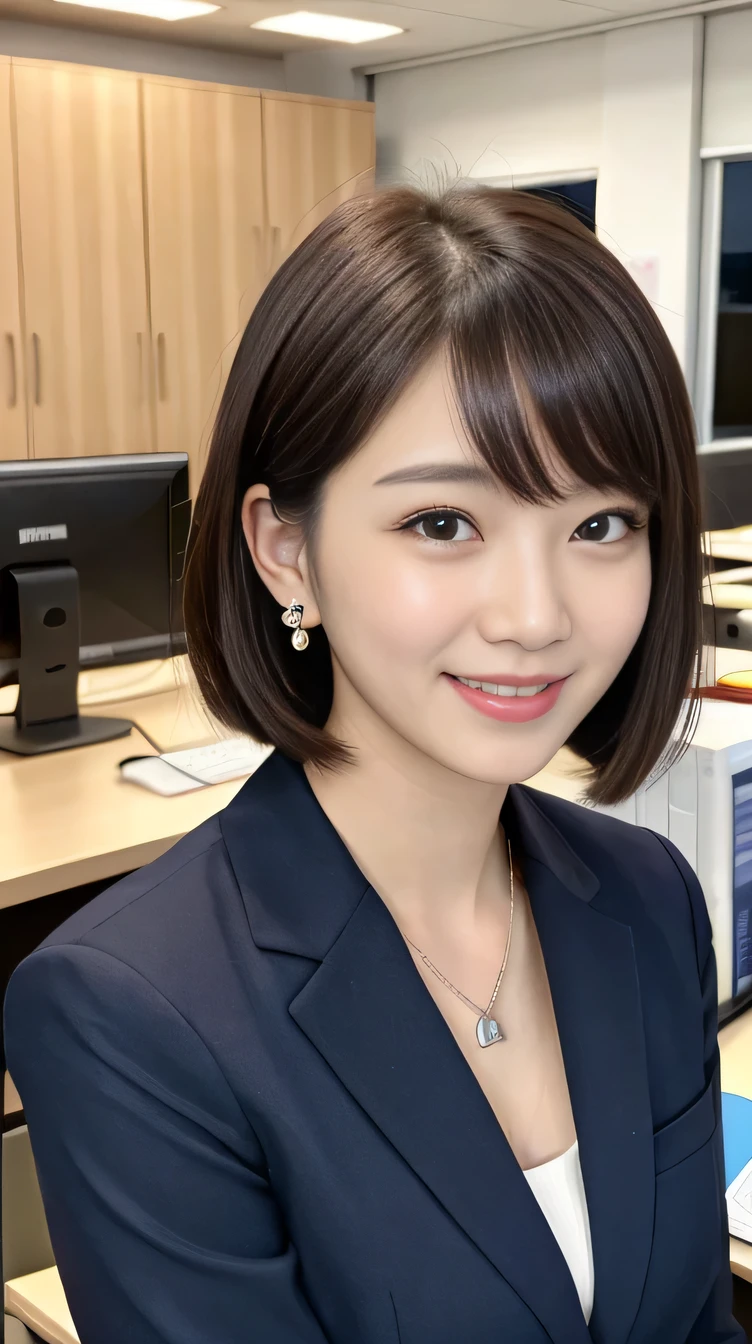 high quality:1.2), RAW Photos, High resolution, Very detailed, Intricate details, 、ear piercing、smile、Black Hair,、hairstyle semi long(Front view, ), Clear beauty, Standing in an office room, Upper Body, (High Quality Fabric, Office Lady Suits 、Necklace around the neck、, The background is the office