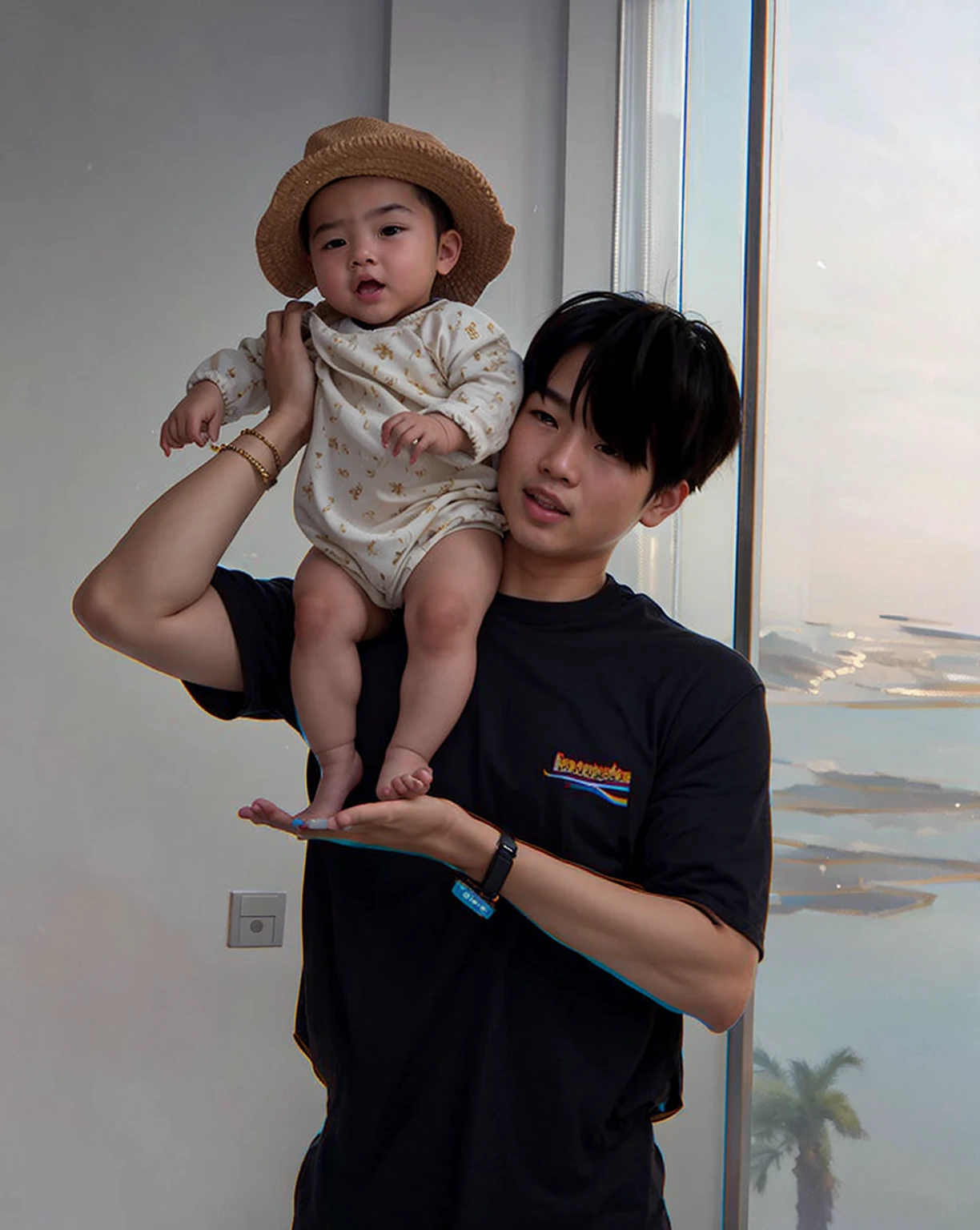 Asian boy holding a baby, good lighting, smooth hair, glossy skin, blur background, high quality, 8k resolution, cute, soft fabrics, tropical environment