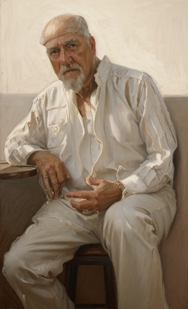 Oil painting of an old man ((best work of art)) ((very contrasted image)) ((White background)) Brown hair, modern, jeans, current white background, Nick Alm, by Andrea Pozzo, Jeremy Lipking, range murata Jeremy Lipking, by Carlo Mense, inspired by Enrique Simonet, sargento marshénnikov, by Michael Ford, krenzcushart, Jeremy Lipking full length shot, by Josep Rovira Soler