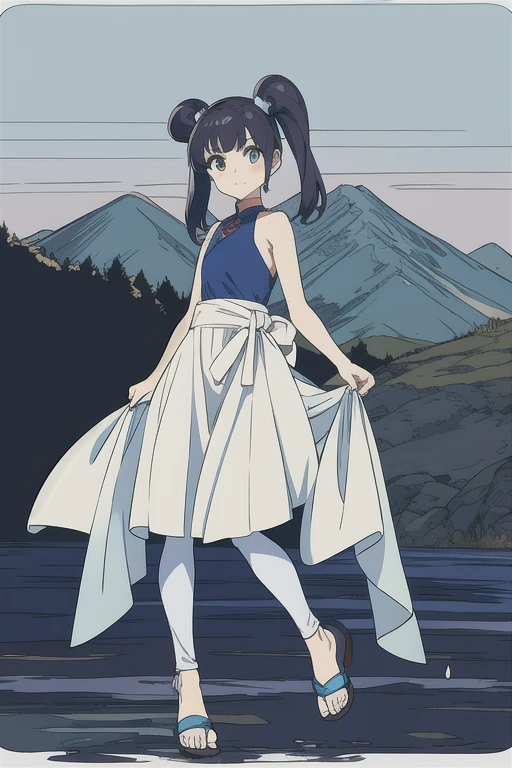 anime picture, perfect body, full body, mountain background, a female monk with Twintails Hairstyle wearing a blue dress and long white leggings, using sandals