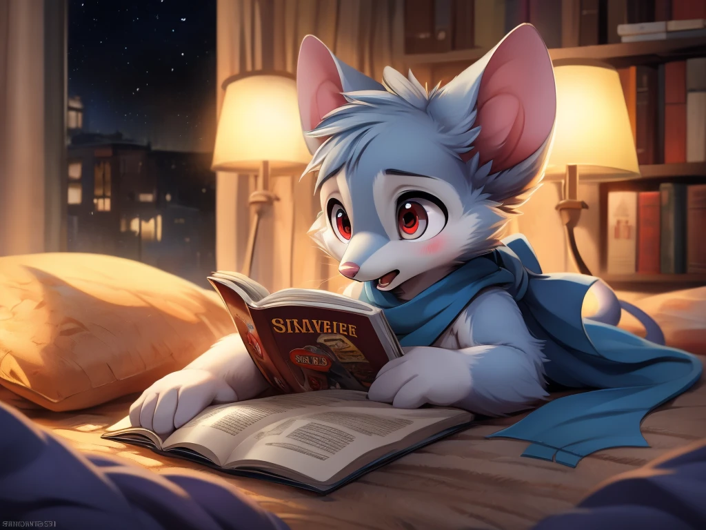 Male Anthro mouse aroused reading porn magazine, lying on the bed, surprised eyes, open mouth, (masturbating), heavily blushing, ((Looking at porn magazine)) ((reading)), ((looking down)), ((under blanket)) teeth, tongue, red eyes, white sclera, expressive eyes, white fur, penis, chest tuft, four fingers, mouse tail, detailed big hands, ((light blue scarf)), ((night)), Meia-noite, loaded on e621, by dagasi, by loimu, By Hiroshiru, por silverfox5213, [fund: (Bedroom), rustic lamp, pillow), cute-fine-face, ultra cute face, (hip focus), Depth of field, Three-quarter view, ambient lighting, detailed back ground, Ray tracing, conceptual artwork, highy detailed, ((work of art)), ((best qualityer)), film composition, ultra realistic, (high détail:1.3), sharp focus.