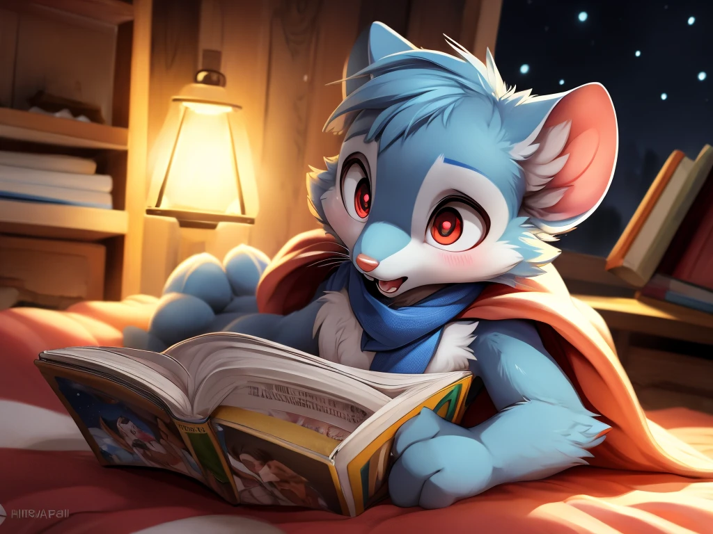 Male Anthro mouse aroused reading porn magazine, lying on the bed, surprised eyes, open mouth, (masturbating), heavily blushing, ((Looking at porn magazine)) ((reading)), ((looking down)), ((under blanket)) teeth, tongue, red eyes, white sclera, expressive eyes, white fur, penis, chest tuft, four fingers, mouse tail, detailed big hands, ((light blue scarf)), ((night)), Meia-noite, loaded on e621, by dagasi, by loimu, By Hiroshiru, por silverfox5213, [fund: (Bedroom), rustic lamp, pillow), cute-fine-face, ultra cute face, (hip focus), Depth of field, Three-quarter view, ambient lighting, detailed back ground, Ray tracing, conceptual artwork, highy detailed, ((work of art)), ((best qualityer)), film composition, ultra realistic, (high détail:1.3), sharp focus.