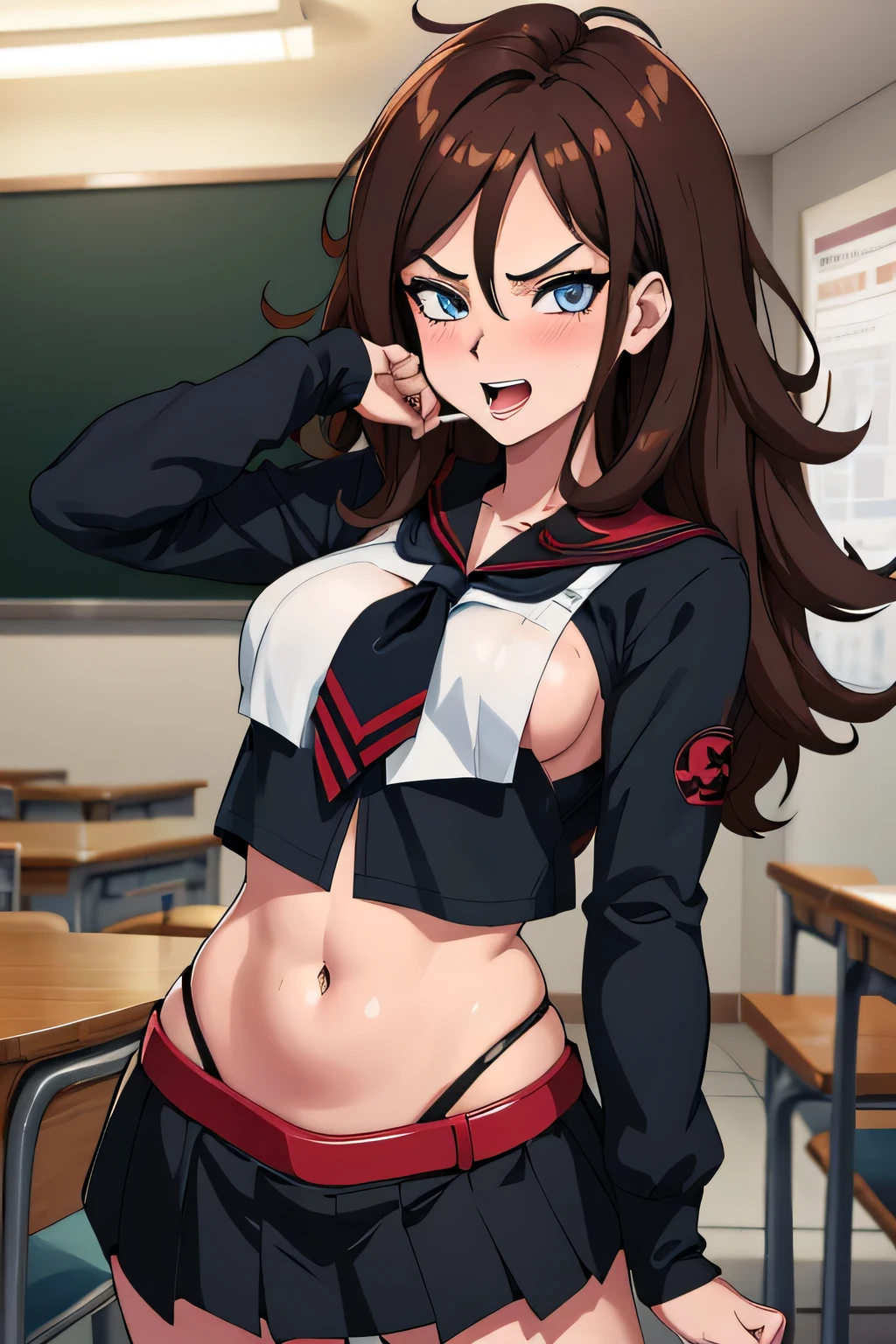 , aaandro, brown hair, long hair, blue eyes, lipstick, blush, Hot girls, baddie, staring, glaring, bad attitude, mean girl, dare, angry, hate, crazy, smoking, sensual, attractive, masterpiece, best quality, highly detailed, a anime girls in sailor uniforms with a gun posing for a picture,
evil smile, smile, open mouth,black_serafuku, ecchi anime style, anime girls , (nsfw) not safe for work,
ecchi style, ecchi, shipgirls, digital anime art!!, high school girls, holding a gun, hold a gun, anime style 4
k, micro skirt, exposed belly, exposed navel, exposed midriff, holding pistol,
exposed lower belly,school, classroom, navel piercing