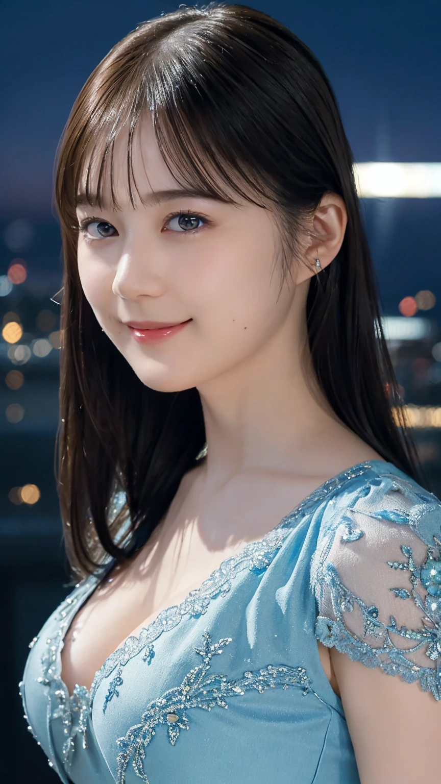 1girl,(wearing a blue evening dress:1.2),(RAW photo, best quality), (realistic, photo-realistic:1.4), masterpiece, an extremely delicate and beautiful, extremely detailed, 2k wallpaper, Amazing, finely detail, extremely detailed CG unity 8k wallpaper, ultra-detailed, highres, soft light, beautiful detailed girl, extremely detailed eyes and face, beautiful detailed nose, beautiful detailed eyes,cinematic lighting,city lights at night,perfect anatomy,slender body,light smile,close up,(long hair with bangs), big breast