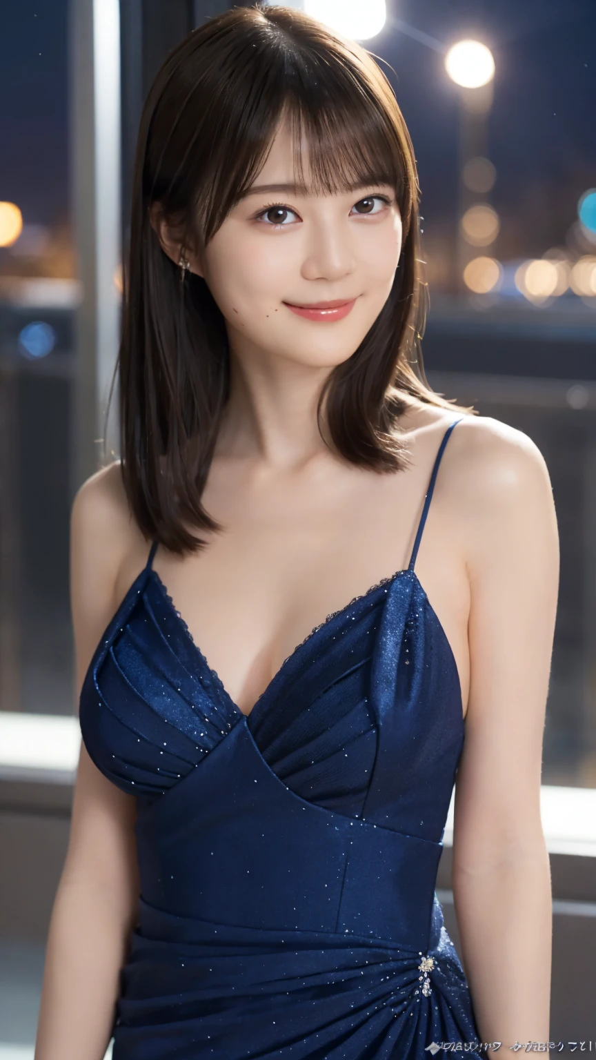 1girl,(wearing a blue evening dress:1.2),(RAW photo, best quality), (realistic, photo-realistic:1.4), masterpiece, an extremely delicate and beautiful, extremely detailed, 2k wallpaper, Amazing, finely detail, extremely detailed CG unity 8k wallpaper, ultra-detailed, highres, soft light, beautiful detailed girl, extremely detailed eyes and face, beautiful detailed nose, beautiful detailed eyes,cinematic lighting,city lights at night,perfect anatomy,slender body,light smile,close up,(long hair with bangs), big breast