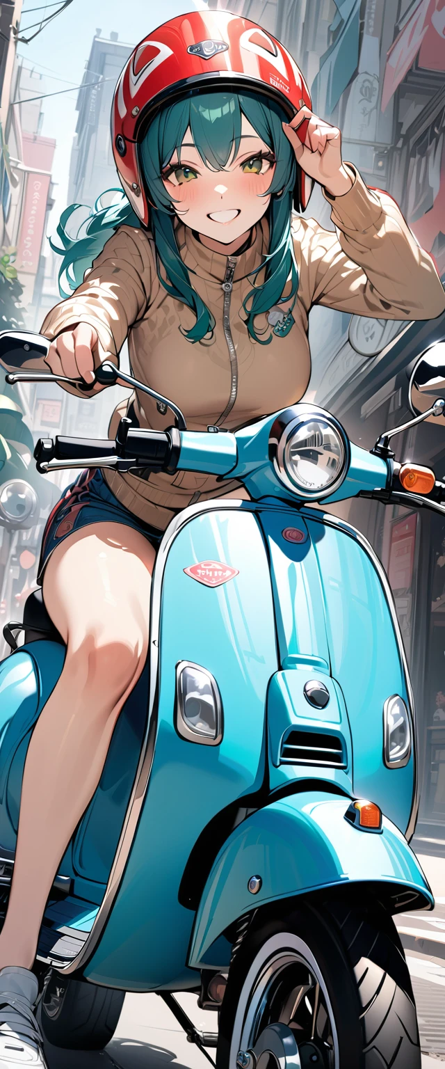 (masterpiece),(Highest quality:1.2),(Super detailed),(High resolution),(Highest quality),An illustration,8k,wallpaper,One female,Woman riding a green Vespa,(smile),A stylish helmet,Stylish clothing,Detailed hands,(Hand,detailed,perfect,perfection,hands)