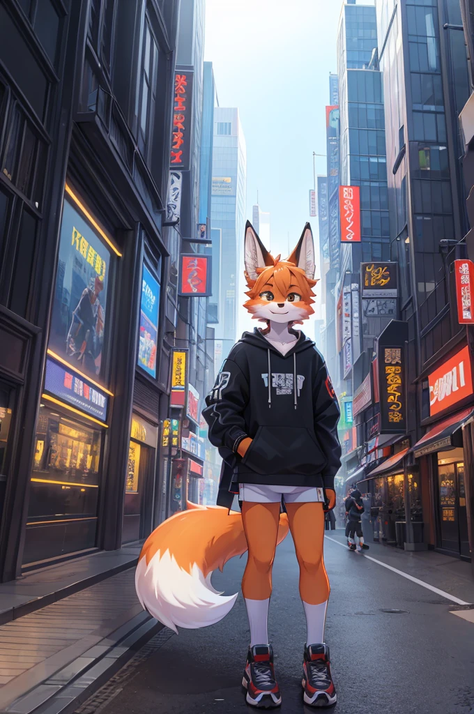 Furry,Fox,boy,8k resolution,最high resolution,                   high resolution,Landscape of a big city,Streetwear, a cityscape with skyscrapers！Tokyo？