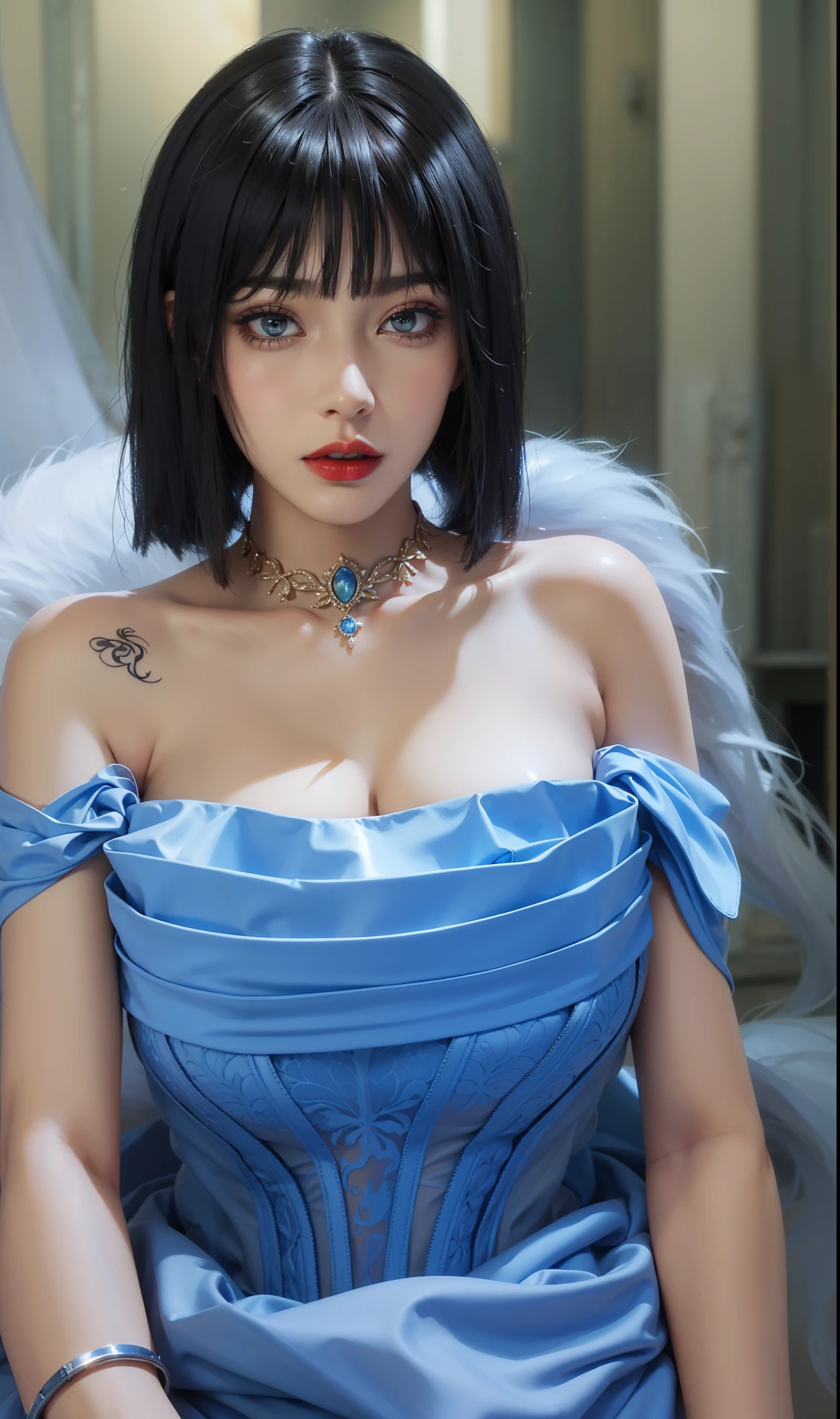 Royal princess,Extremely detailed, Delicate face, Stock Photography , Portrait 400, F1 Camera Lens.6, rich and colorful, Surrealism, Realistic textures, Dramatic Lighting, Thin Film Distiller 800 (8K, original photo, Better quality, masterpiece: 1.2), Extremely detailed, (Extremely delicate skin: 1.2), 8K ultra high definition, SLR camera, Soft Light, high quality.Fire Queen,Blue pupils,Wear red lipstick,Have a tattoo,The tattoo is very three-dimensional,Gorgeous and intricate tattoo designs,Dark eyeshadow,Sexy thick lips(Red lipstick),Gorgeous clothes,