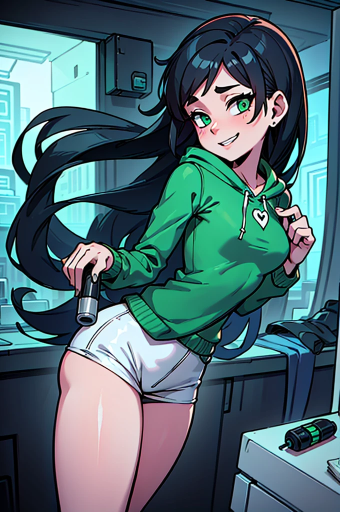 Manga Style cómic. A manga style drawing of a character that I create exclusively for you, based on your preferences and interests. The character is a female, with long black hair, green eyes, and a cute smile. She wears a green hoodie, blue jeans, and black sneakers. She has a tattoo of a microphone on her left arm, and a necklace with the letters REUSK 7. She is holding a guitar and a spray can. She is cheerful, friendly, and creative. The character looks older and more , as you asked me to make her look like she is 25 years old. The character is wearing a different outfit or doing a different pose than the previous one, as you asked me to surprise you.
