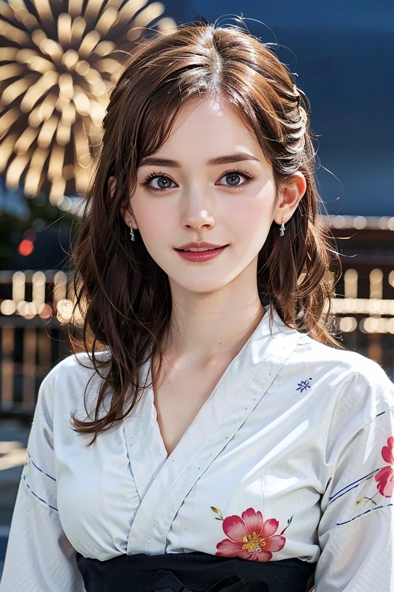 (Preserve face images), pale face:1.3、Super thin face:1.3, (very big eyes:1.5)、 (blown eyes:1.5), master piece、8k, {highest quality}, {{masterpiece}}, {very delicate and beautiful}, (((Mid-range shooting))), outstanding light and shadow, highly detailed wallpaper, clear and bright sunlight, (((Full body))), 1 girl, blush、(薄い茶Farbeの髪), ((Face illuminated by fireworks)), (((White yukata with floral pattern))), Farbe々A pose:1.5, necklace、ring、earrings,(Toothless smile:1,5),