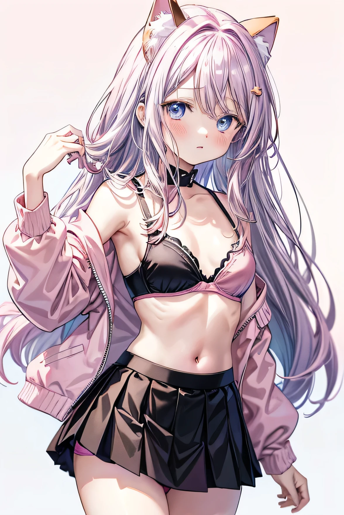 Masterpiece、Anime Coloring、Ultra fine、8k、Silver Hair、light blue eyes、whole body、blush、Small breasts、((Pink bra))、((Plain black skirt、Skirt flip、Pink panties are visible))Golden cat ears、Looking back at the audience、Are standing、((White background))