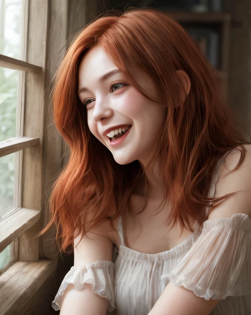 1girl, solo, asymmetrical, light, arm at side, 1 girl, adult (elven:0.7) woman, coral eyes, auburn textured hair, ombre,, laughing