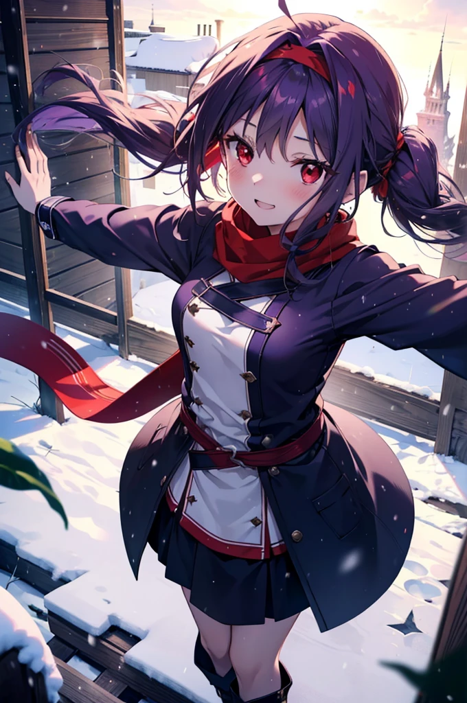 yuukikonno, Konno Yuuki, Long Hair, Pointed Ears, Purple Hair, (Red eyes:1.5), (Small breasts:1.2), Open your mouth,happy smile, smile, Open your mouth,hair band,low Twin tails red scarf,Purple long coat,V-neck sweater,Long skirt,short boots,snowが降っている,snowが降り積もっている,snow,snow,snow,snow,winter,Cold night,Walking,whole bodyがイラストに入るように,Looking down from above,
break looking at viewer, whole body,
break outdoors, In town,
break (masterpiece:1.2), Highest quality, High resolution, unity 8k wallpaper, (figure:0.8), (Beautiful attention to detail:1.6), Highly detailed face, Perfect lighting, Highly detailed CG, (Perfect hands, Perfect Anatomy),