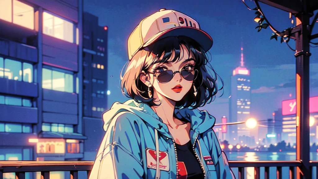 (80's, Retro, City Pop:1.5), (masterpiece, Highest quality, Exquisite detail), (anime, figure), girl, alone, cool, Wearing sunglasses, short hair,Cityscape, City of night, Street fashion, Wearing a hoodie, Wearing a black baseball cap