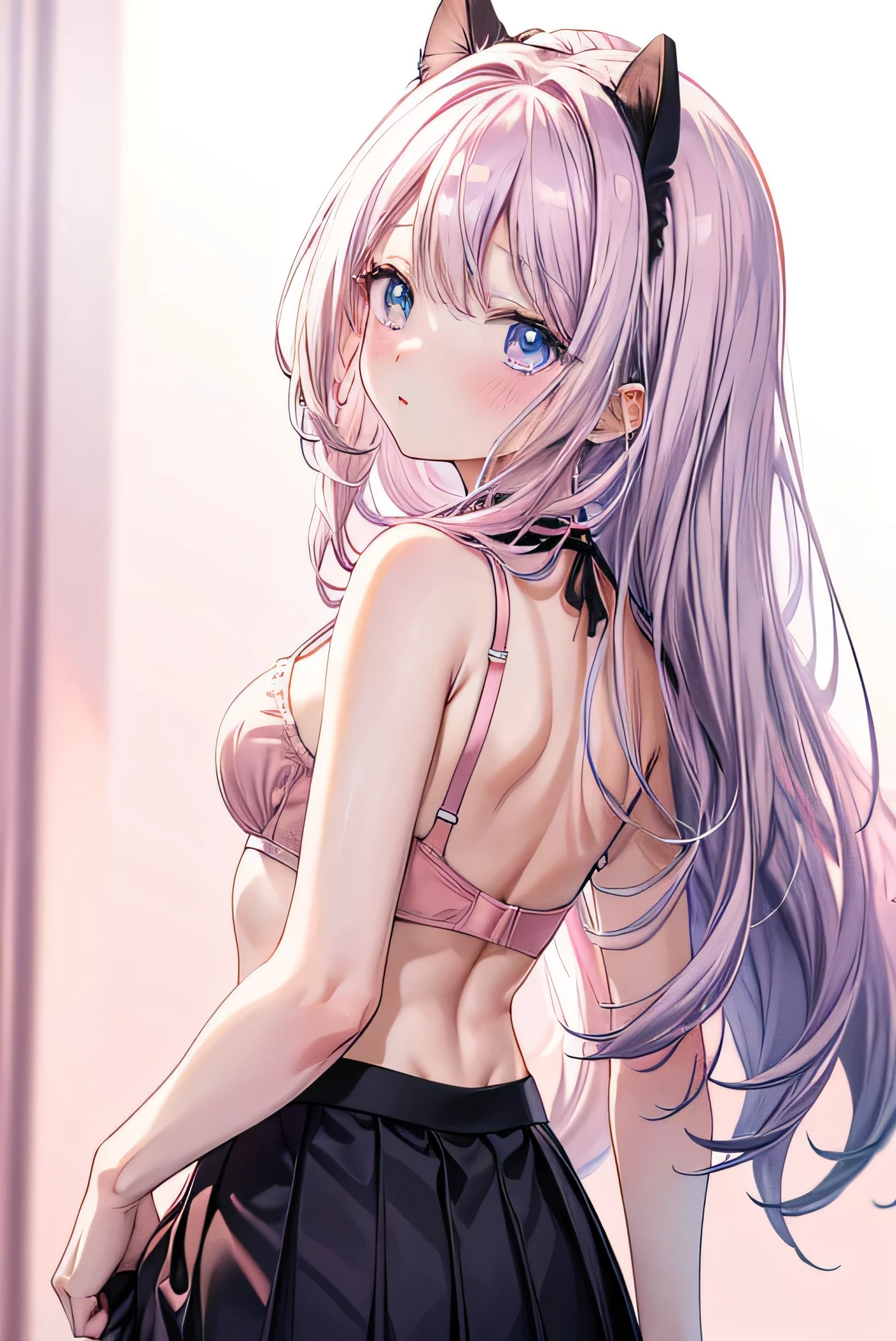 Masterpiece、Anime Coloring、Ultra fine、8k、Silver Hair、light blue eyes、whole body、blush、Small breasts、((Pink bra))、((Plain black skirt、Skirt flip、Pink panties are visible))Golden cat ears、(Looking back at the audience)、Are standing、((White background))