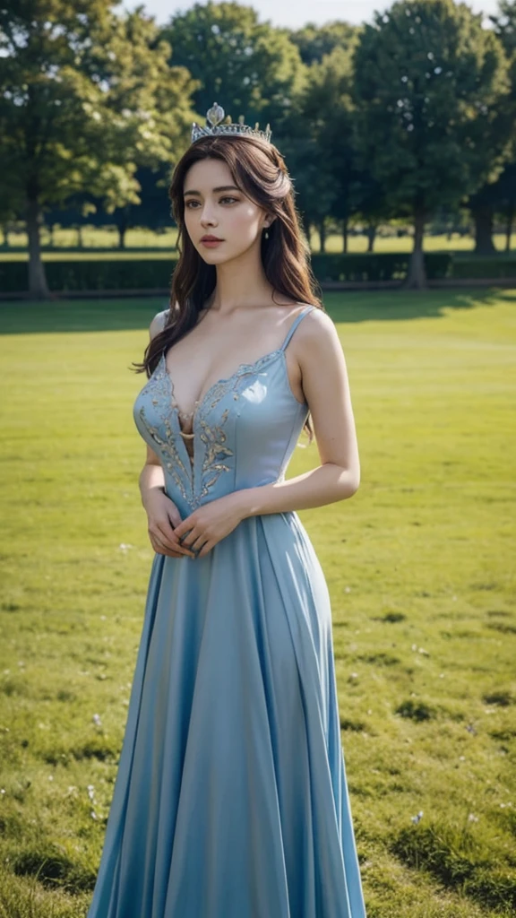 8k, best quality, masterpiece, realistic, highly detailed, photo realistic, Improve quality, 
  photo of the princess standing in the field in a beautiful royal dress, brooding, calm face, , dark blue, natural beauty, big breasts, wearing a royal crown.