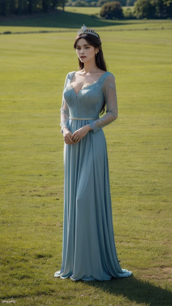 8k, best quality, masterpiece, realistic, highly detailed, photo realistic, Improve quality, 
  photo of the princess standing in the field in a beautiful royal dress, brooding, calm face, , dark blue, natural beauty, big breasts, wearing a royal crown.