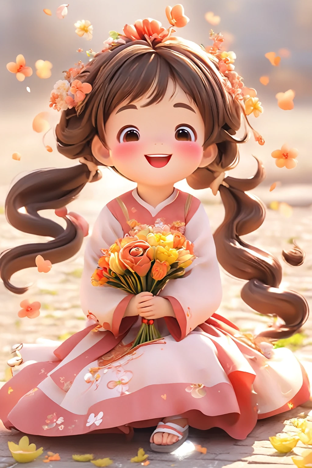 someone sitting on the ground，A bouquet of flowers in the hair, Sweet laugh, Cute numbers, Gentle and happy smile, Soft surprised smile, Lovely smile, Cute numbers艺术, Lovely smile, Sweet smile, Happy expression, Happy girl, Smiling girl, Cute smiling face, beautiful and smiling, Happy children, She smiled，very happy